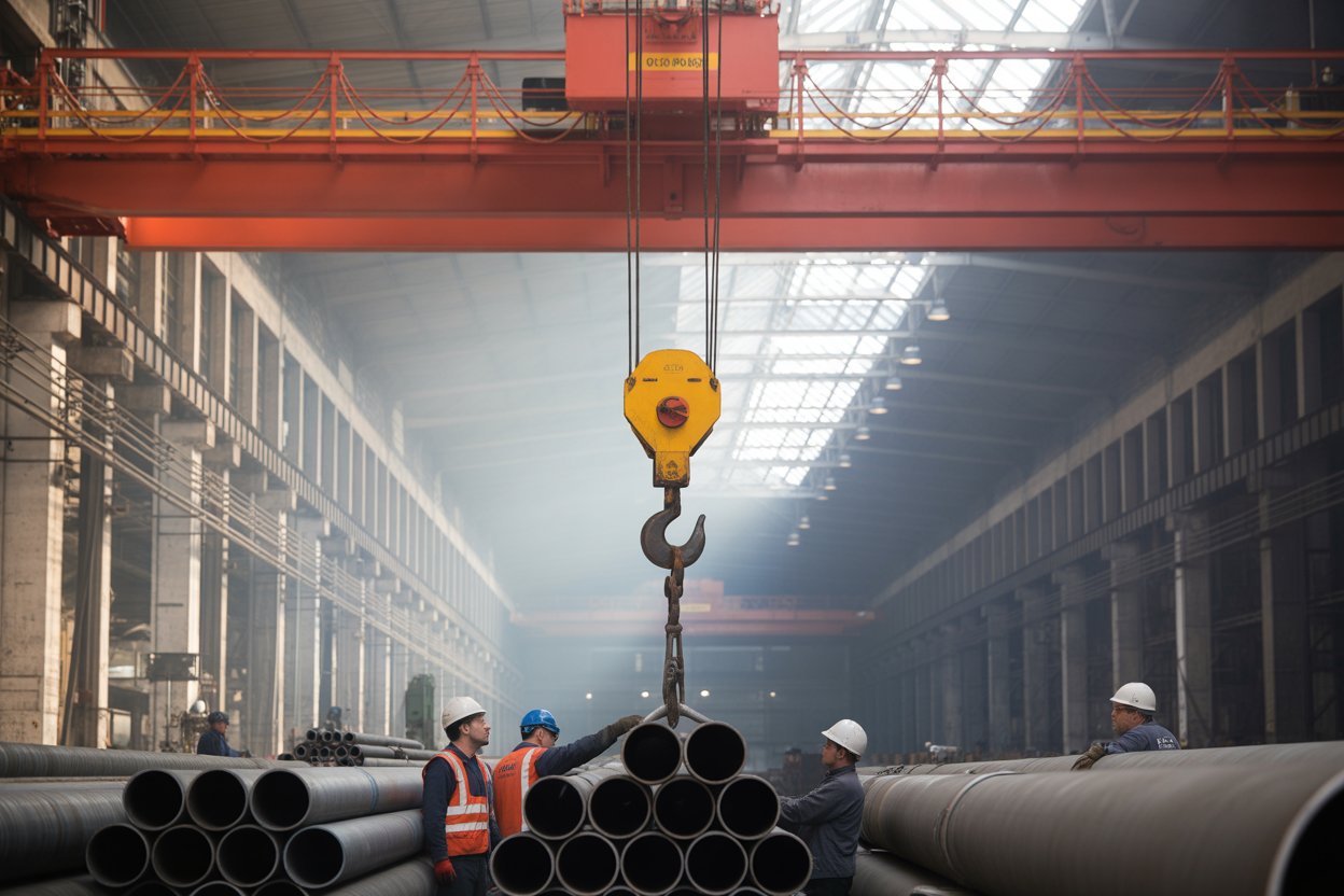 EOT Crane lifting pipes in warehouse
 - Eotcranesinindia